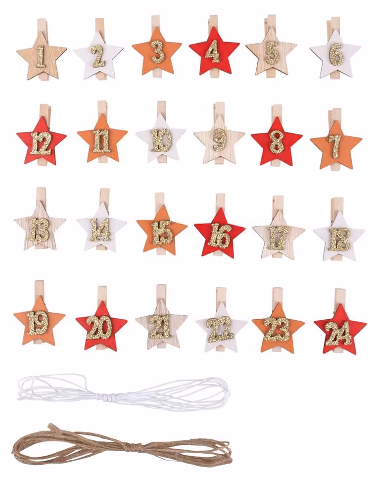 Calendario dell'Avvento con numeri da 1 a 24 stampati su clip, dimensioni 4x4,8 cm, con cordoncino, confezione da 1 set