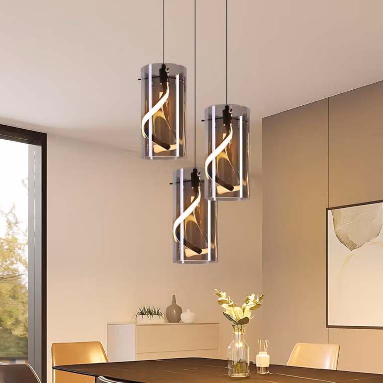 ZMH Lampada a sospensione a LED per tavolo da pranzo, lampada a sospensione in vetro a 3 luci, 33 W, rotonda, grigio fumo, lampada a sospensione per tavolo da pranzo, regolabile in altezza, 3000 K, lampada da corridoio