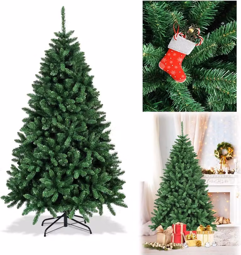 COSTWAY Albero di Natale da 180 cm, albero di Natale artificiale in PVC, albero di Natale con supporto in metallo pieghevole, con 1355 punte