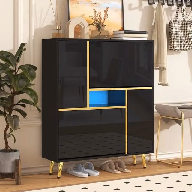 Scarpiera MINIMAL con ante lucide e luci LED integrate, colore nero e oro, L 80 cm x P 25 cm x H 96 cm