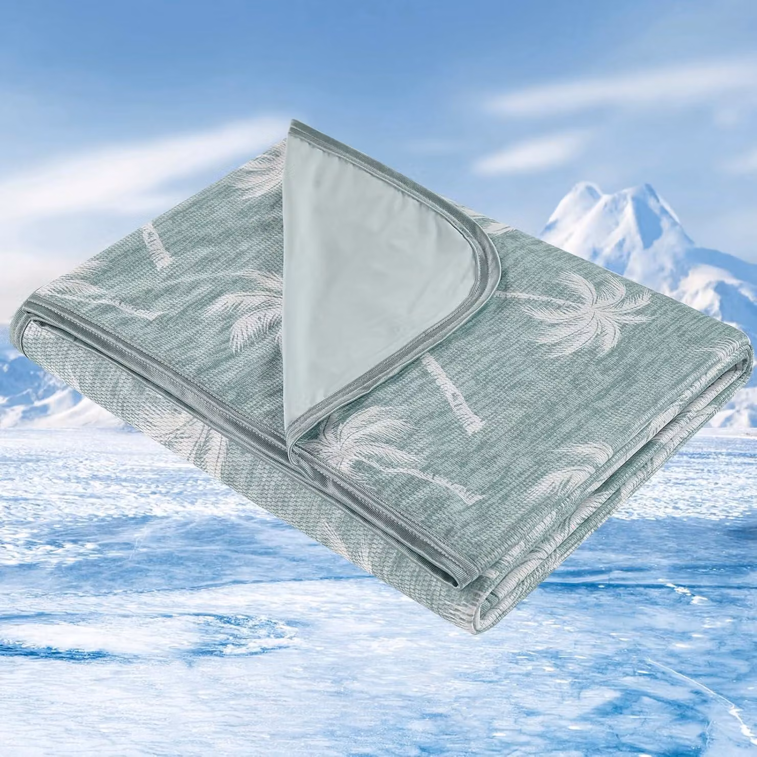 Coperta refrigerante 150x200 cm, fronte/retro, Q-Max 0.5, motivo tropicale verde, per letto
