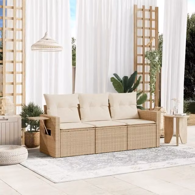Set Divano da Giardino 3 pz con Cuscini-Sofa da Giardino-Divanetto da esterno Beige in Polyrattan 212111