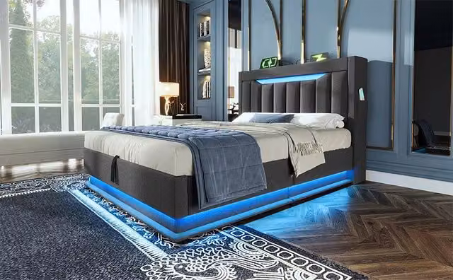 Letto imbottito singolo con LED, testiera contenitore con ricarica USB/Type-C e vano idraulico, lino grigio, 90x200 cm, senza materasso