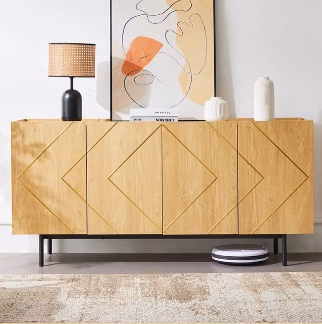 Credenza ULEVR 160x40x78 cm con 4 ante e ripiani regolabili, mobile contenitore in pannello truciolare naturale