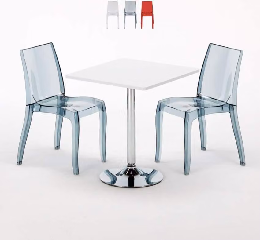 Tavolo quadrato bianco e 2 sedie colorate trasparenti Grand Soleil Cristal Light Titanium - Trasparente Nero Antracite