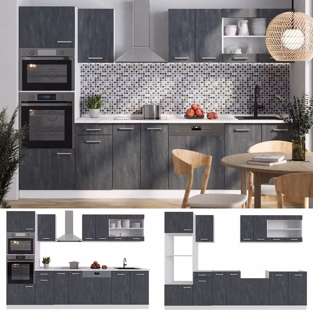 Cucina componibile moderna R-Line Vicco, colore nero calce e bianco, L 300 cm – 2