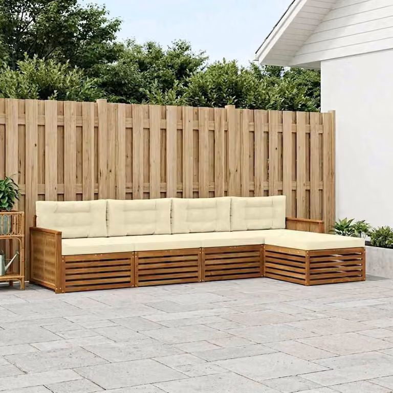 Set di divani da esterno vidaXL a forma di L composto da 5 pezzi in legno di acacia con cuscini inclusi, colore beige e bianco