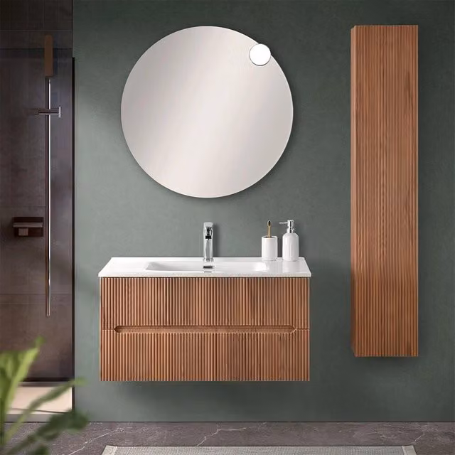 Mobile bagno sospeso Bali con design cannettato in noce canaletto, L: 90 cm, P: 45,4 cm, H: 45 cm