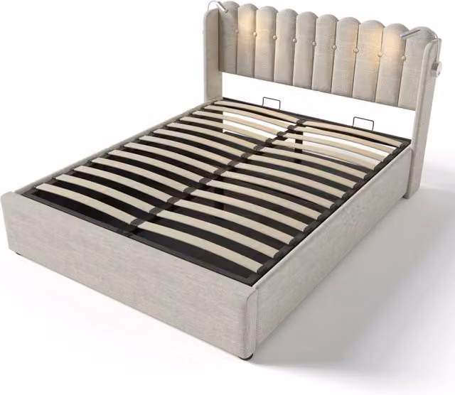 Letto matrimoniale imbottito 140x200 cm con testiera in lino naturale, luce da lettura e funzione di ricarica USB
