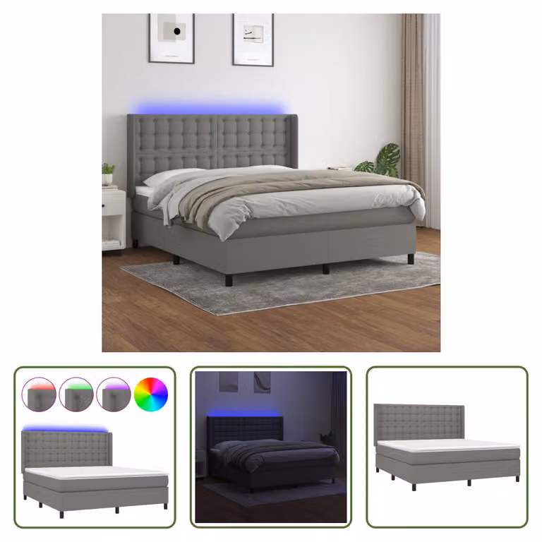 The Living Store Letto a molle con materasso e LED in tessuto grigio scuro 160x200 cm