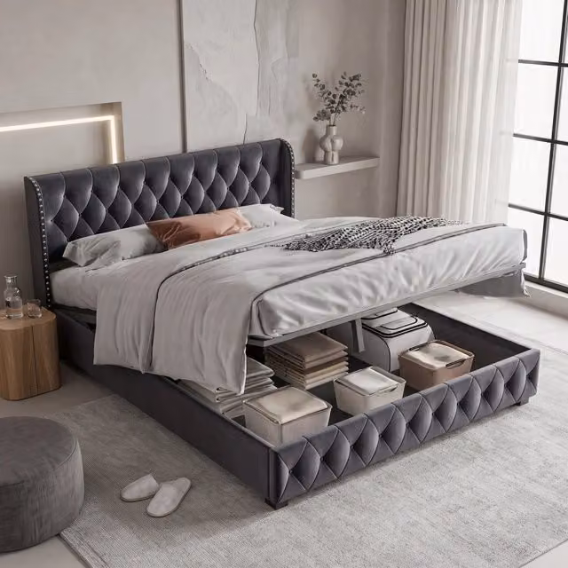 Letto matrimoniale 140x190 cm con contenitore idraulico testiera imbottita struttura in legno e velluto - grigio scuro