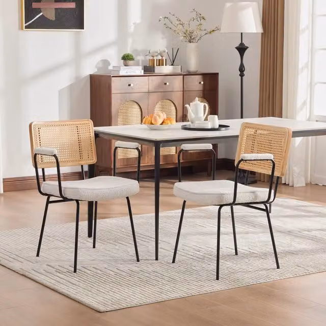 Set di 2 sedie da pranzo MINIMAL in velluto chenille color avorio con braccioli, gambe in metallo ed effetto rattan per soggiorno e cucina