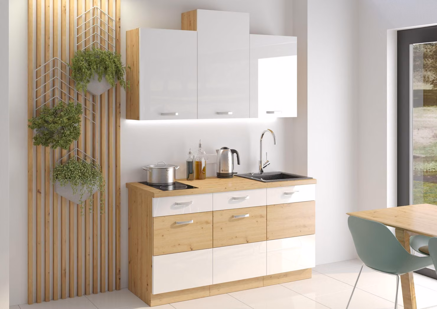 Cucina in rovere Artisan Bianco, 150 cm, linea cucina, blocco cucina lucido, cucina monoblocco