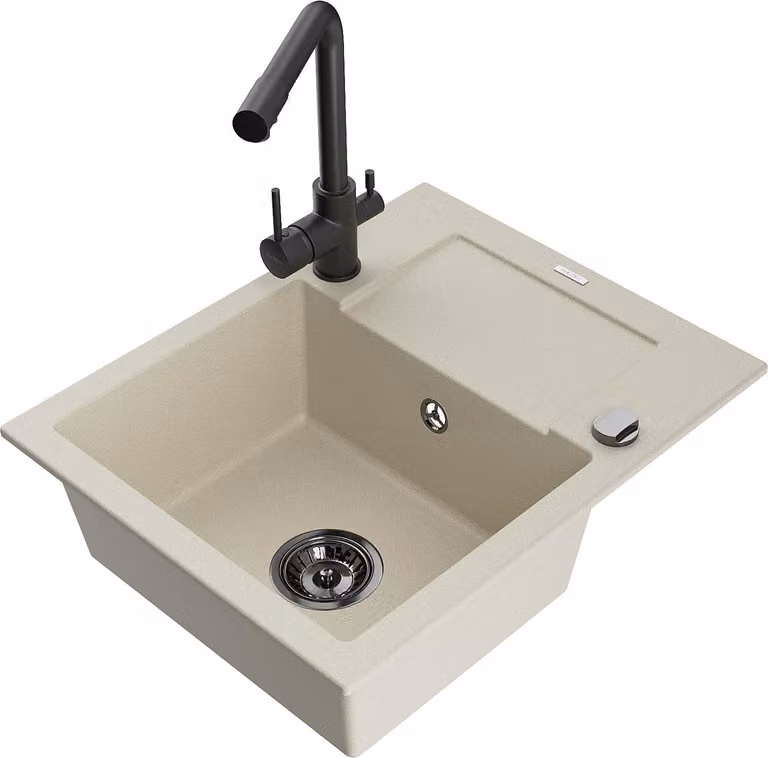 Mexen Enzo lavello da cucina in granito 1-bacinella con sgocciolatoio e rubinetto cucina Duero, beige - 6506-69-671600-70