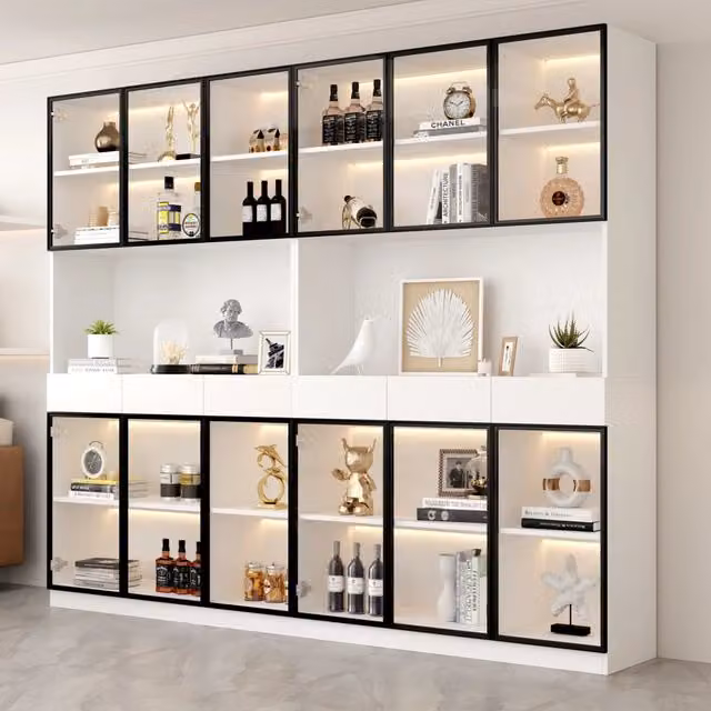 Vetrina alta con LED, ripiani regolabili, 6 cassetti e ante in vetro, per soggiorno, cucina e ufficio, bianco