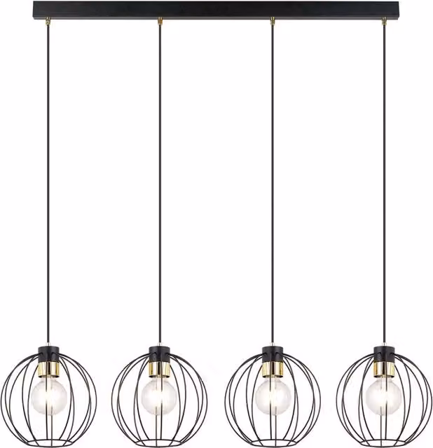 Lampada a sospensione industriale Tiwaz Luceart-Classic con 4 luci a gabbia in metallo nero e oro con altezza regolabile