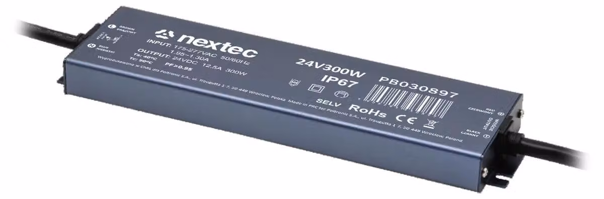 Alimentatore LED Nextec, 300W, 12,5A, 170-250V AC / 24V DC, grado di protezione IP67, design super sottile