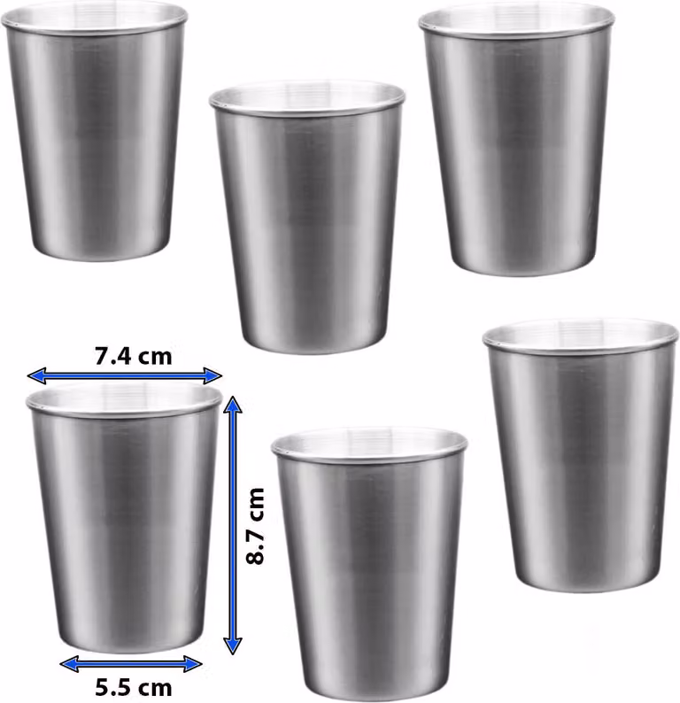 Set di 6 bicchieri in acciaio inox, 230 ml, con bordo arrotolato