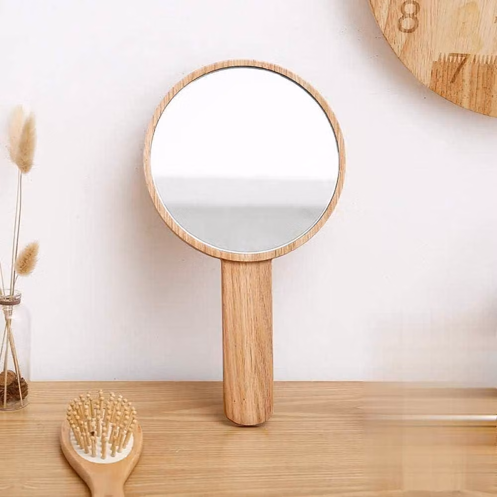 Specchio da trucco portatile, rotondo, in legno massello, con specchio HD