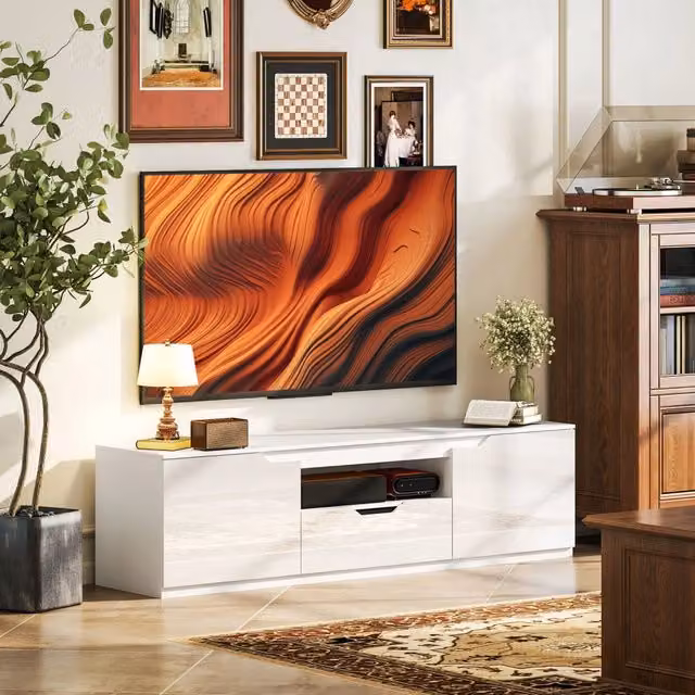 Mobile TV basso moderno WISHDOR in legno bianco lucido con passacavi L: 160 cm, P: 38 cm, H: 43 cm – 1