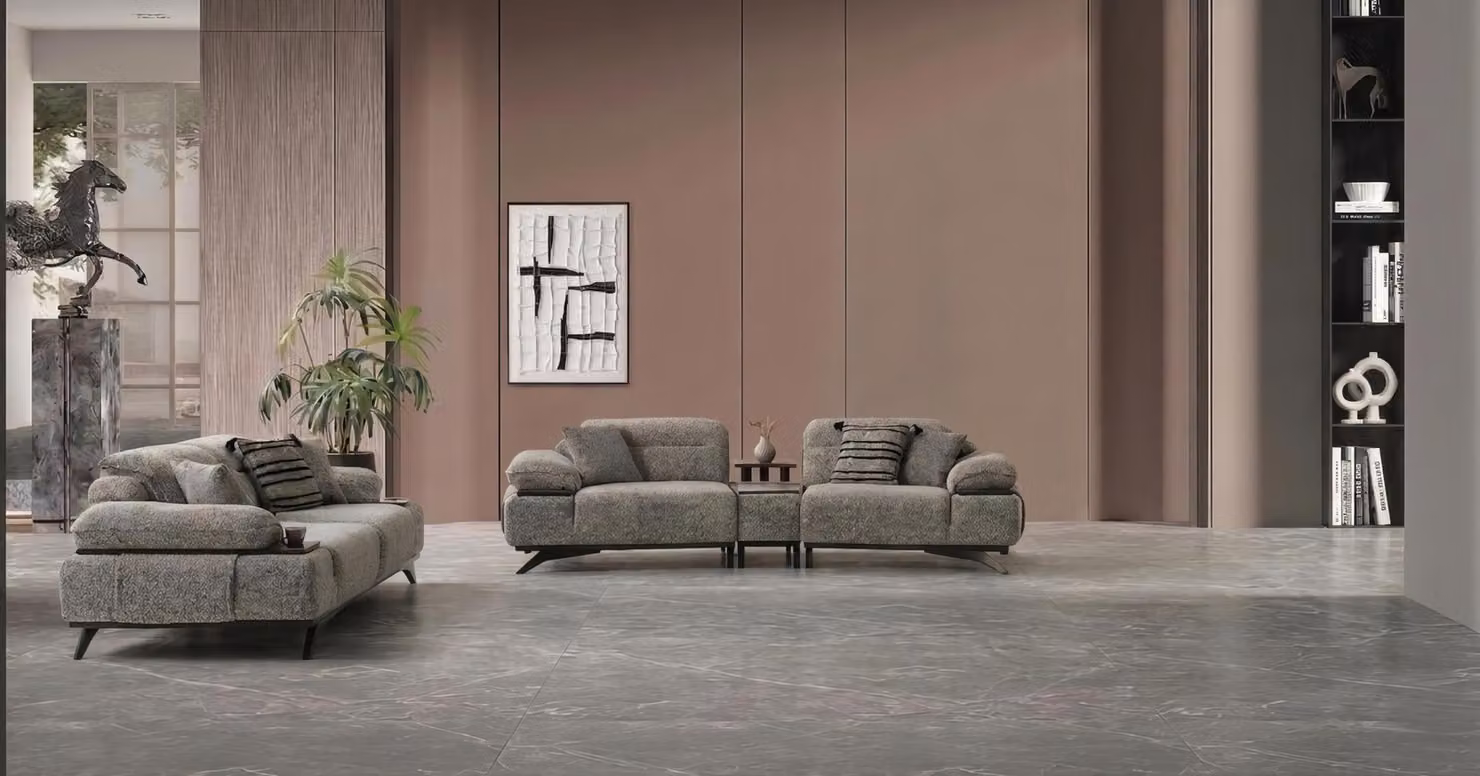 Divano componibile 3 posti, tavolino laterale, design moderno, grigio elegante, set