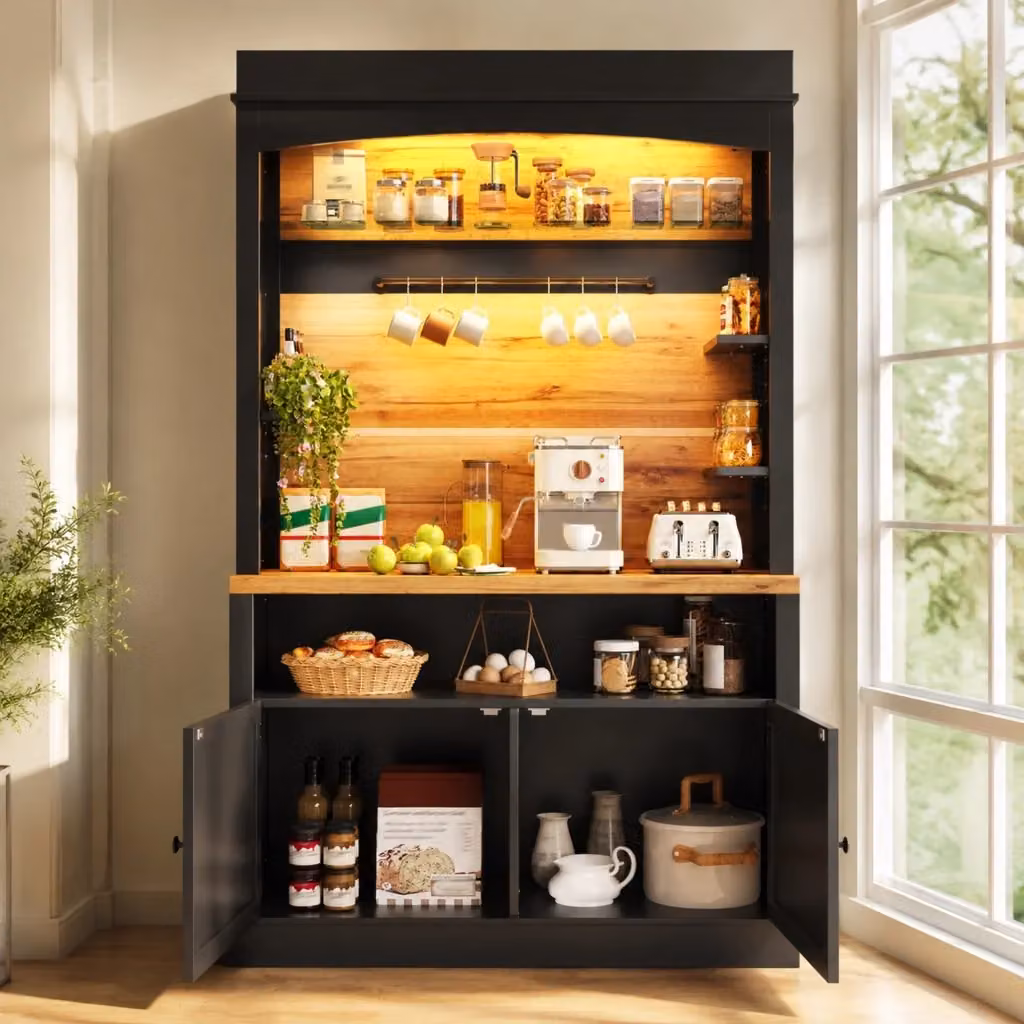 Set di 2 colonne da cucina MIVRAY in MDF nero opaco con illuminazione LED, ripiano aperto e 2 ante, L/P/H: 107 x 43 x 184 cm – 2