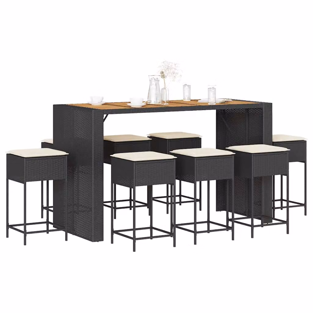 vidaXL Set Bar da Giardino 9 pz in Polyrattan e Legno di Acacia con Cuscini Nero e Bianco