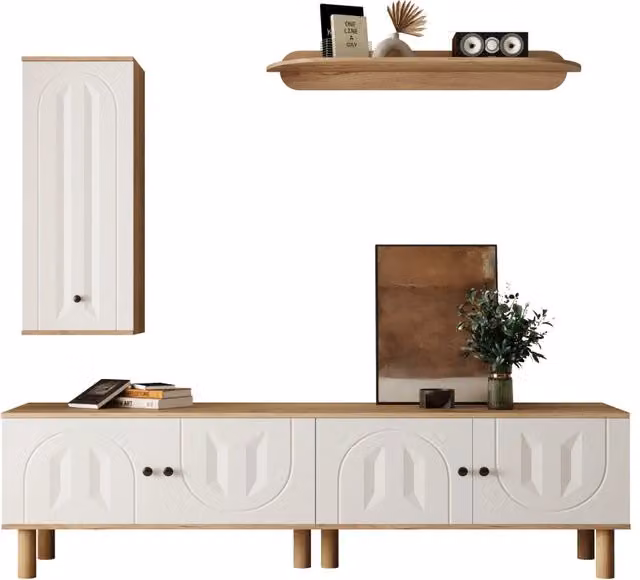 Mobile TV da parete Chicfurn con vetrina e mensola, ante intagliate in finitura bianca e naturale, ideale per il tuo soggiorno – 1