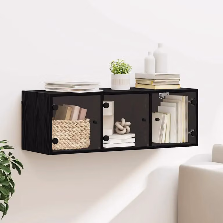Armadietto a muro moderno vidaXL in legno e vetro nero con ante in vetro L 102 x P 37 x H 35 cm