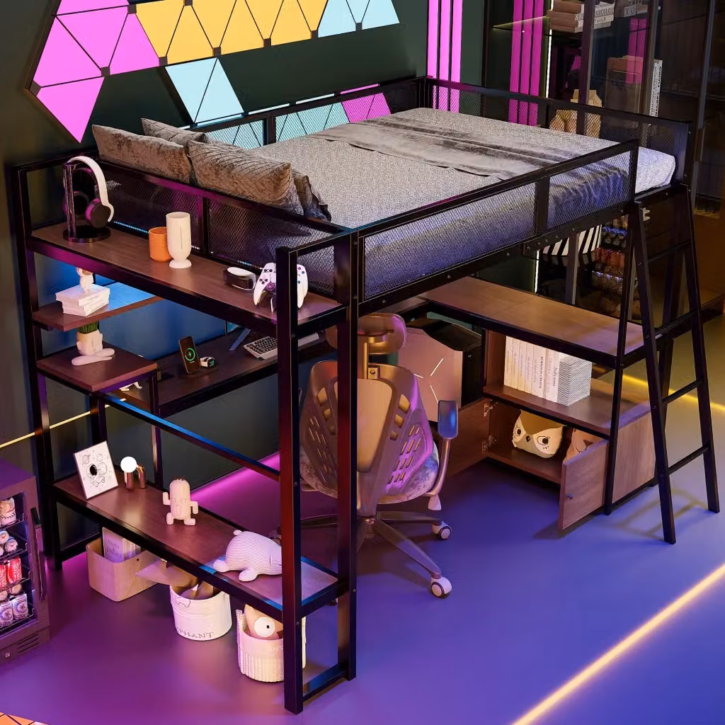 Letto a soppalco REDOM con scrivania integrata e scomparti laterali, colore nero opaco, L/P/H: 200 x 140 x 232 cm – 2