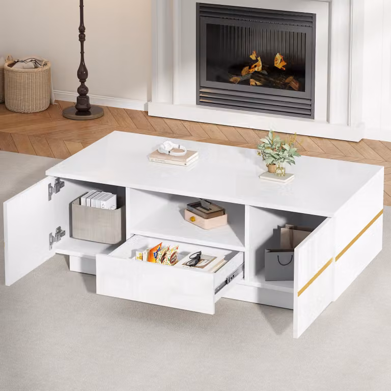 Tavolino da divano STILVORA con illuminazione a LED e 2 ante, tavolino con vano aperto parziale, tavolino da soggiorno con spazio contenitivo, bianco con dettagli dorati
