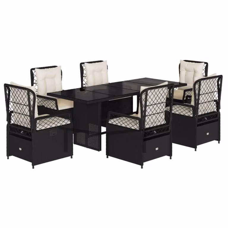 Set da Pranzo da Giardino 7 pz Nero con Cuscini in Polyrattan