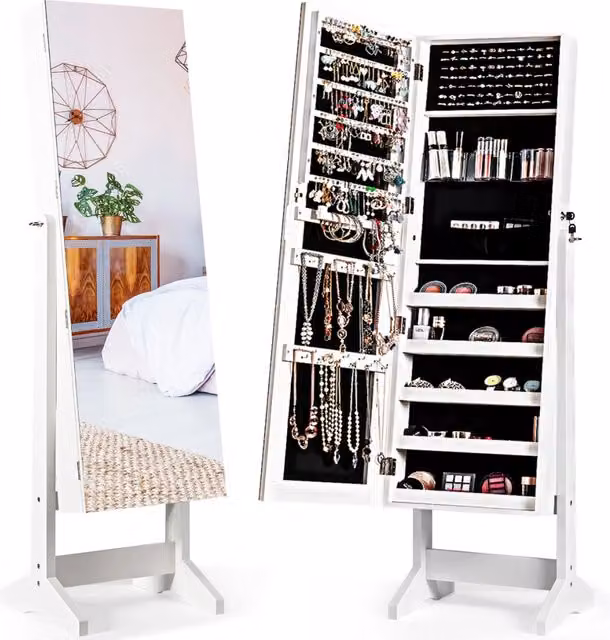 Armadio portagioie verticale DESIGN IN con specchio a figura intera e serratura, Bianco opaco
