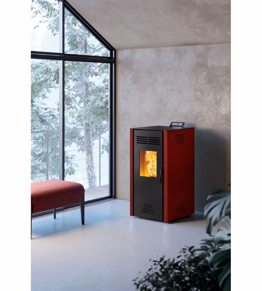 Invicta Stufa a Pellet Adrano 7 Plus - Rosso - 47x56x95 cm - 8,2 kW