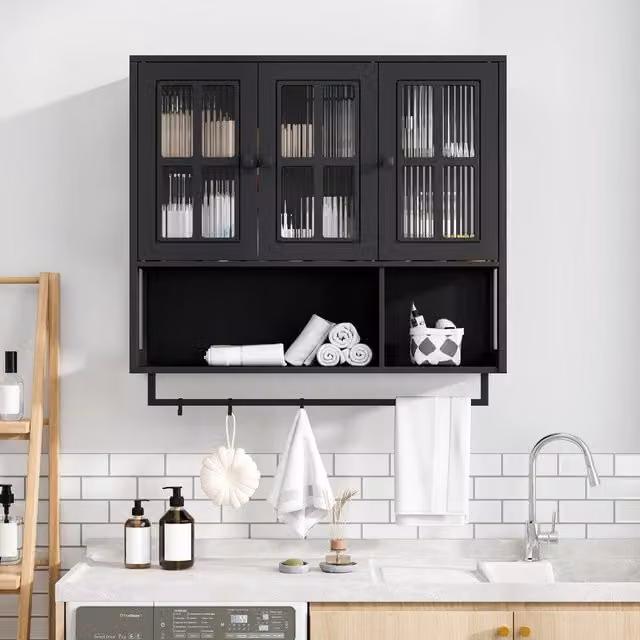 Armadietto da Bagno a Parete MINIMAL Nero con Specchio e 3 Ante in Legno e Vetro