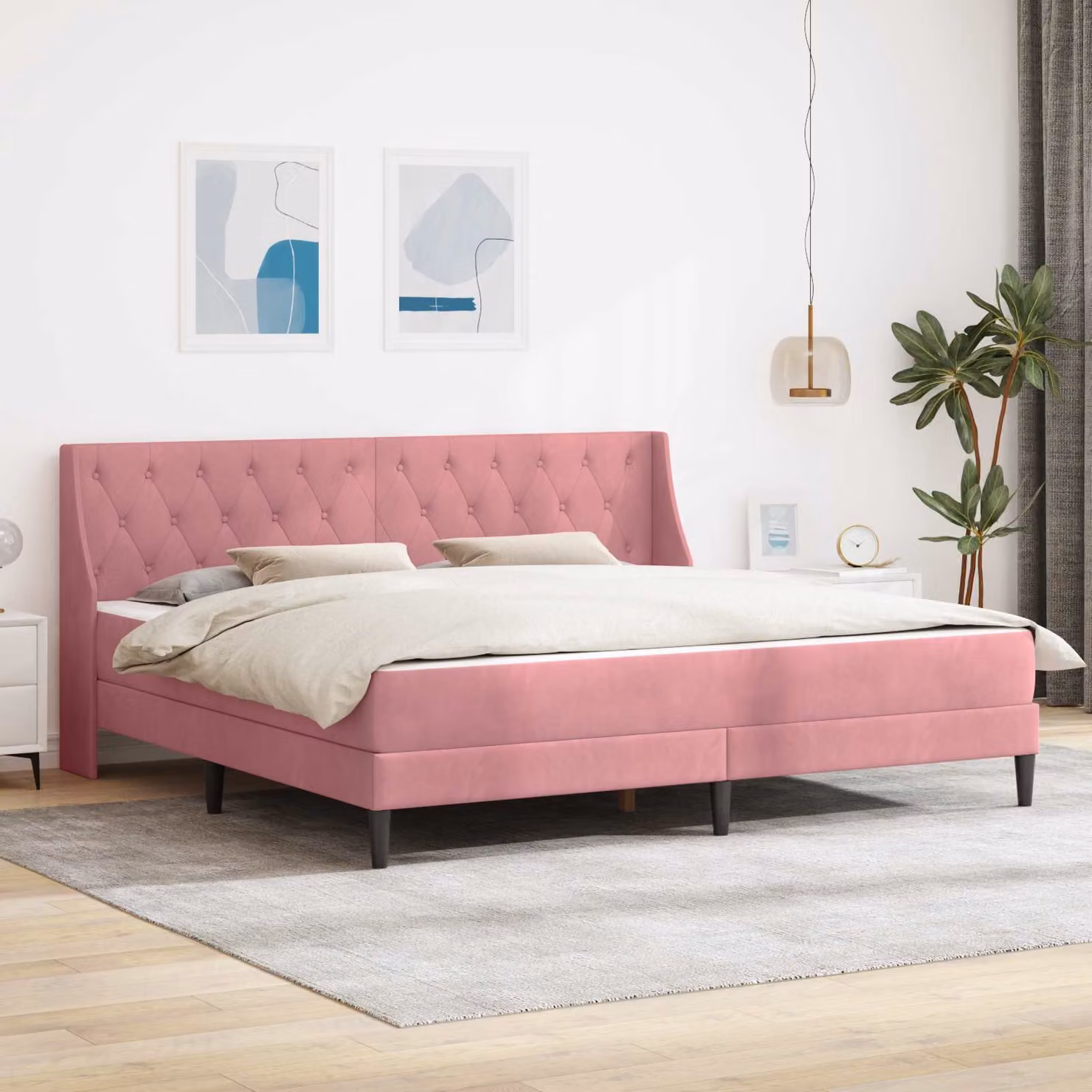 Letto moderno con materasso vidaXL in velluto rosa, L/P/H: 200 x 200 x 96 cm