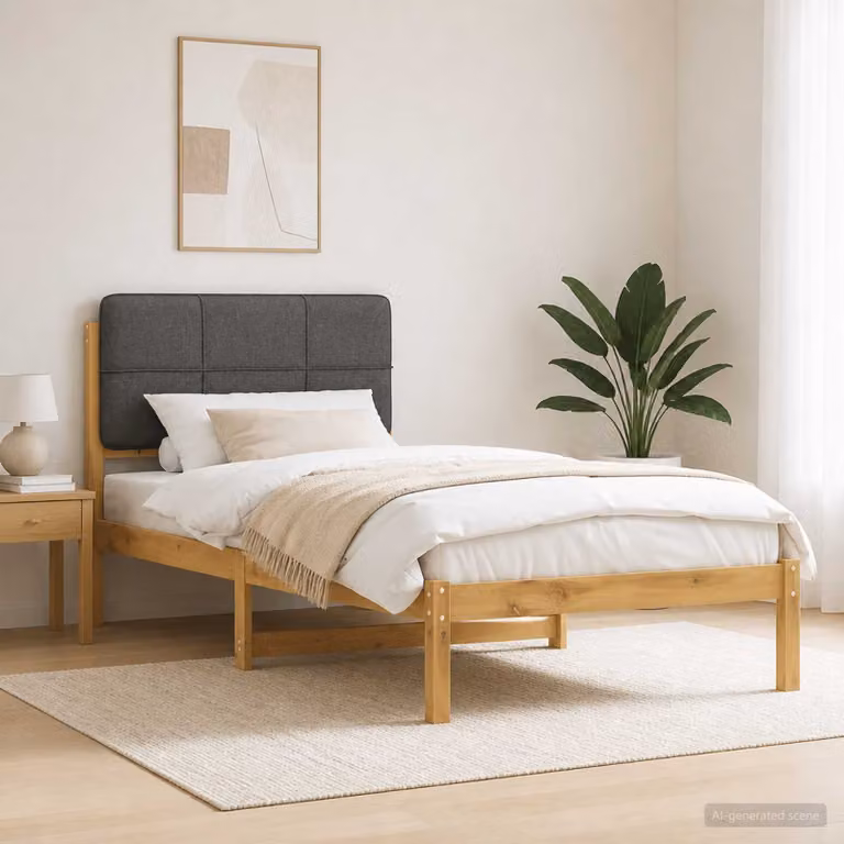 Letto con testiera rivestita vidaXL in legno di acacia e tessuto, Bianco lavato e Grigio chiaro, L/P/H: 190 x 90 x 96 cm