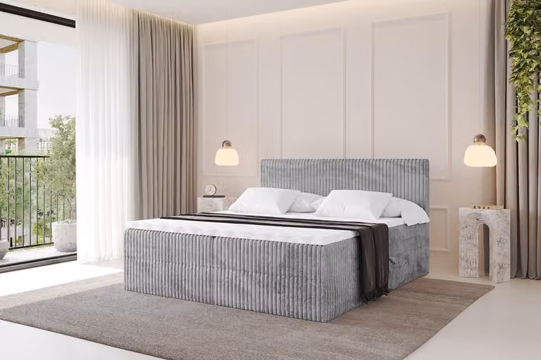 Letto boxspring ALTDECOR - TOLO 160x200 Cord - Grigio chiaro - Set completo con materasso a molle insacchettate e topper, letto imbottito con materasso H4, contenitori, rete a doghe, letto con spazio contenitore, letto matrimoniale, letto box