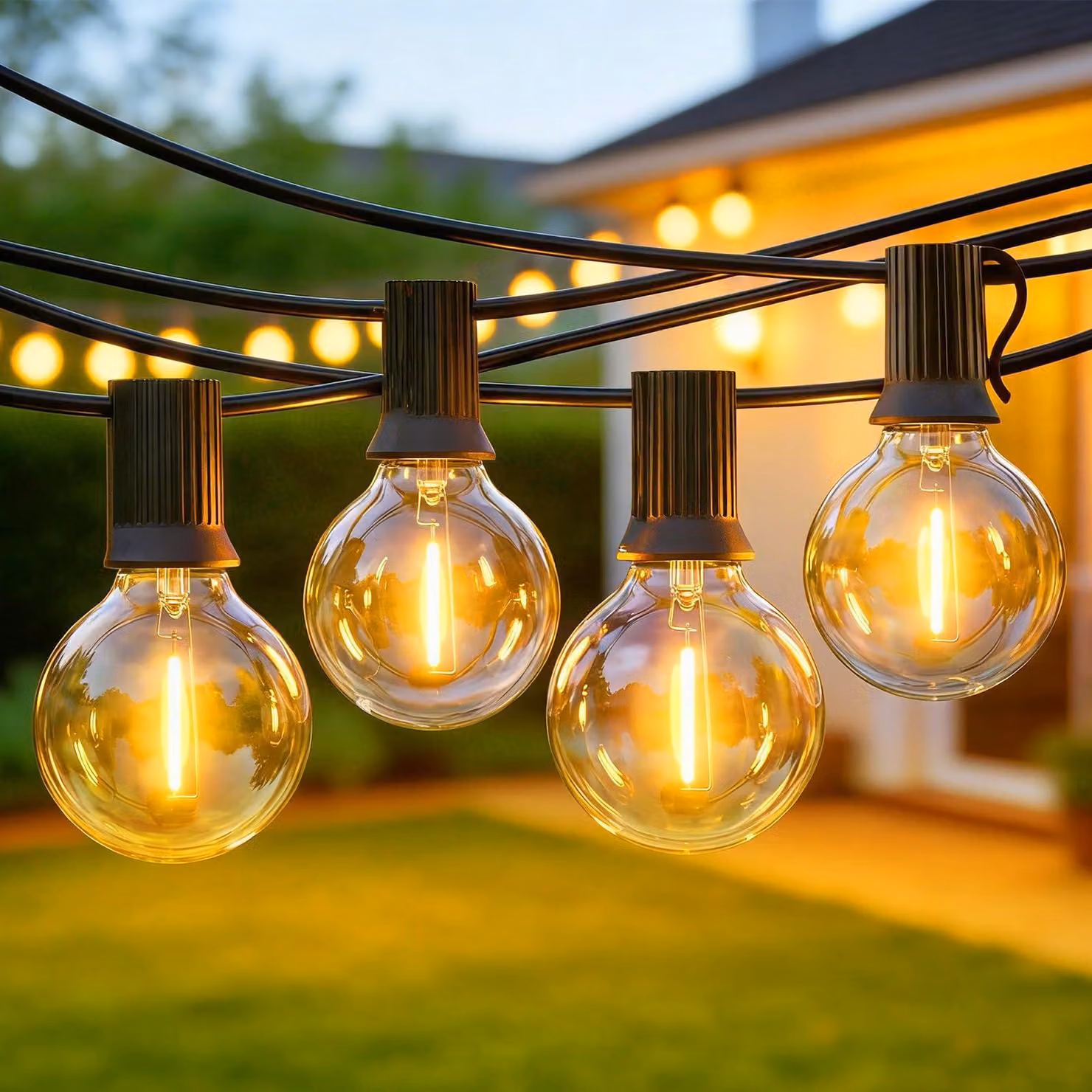 Catena luminosa da 30 metri, con 50 LED G40 a luce calda, grado di protezione IP44, timer e 8 modalità