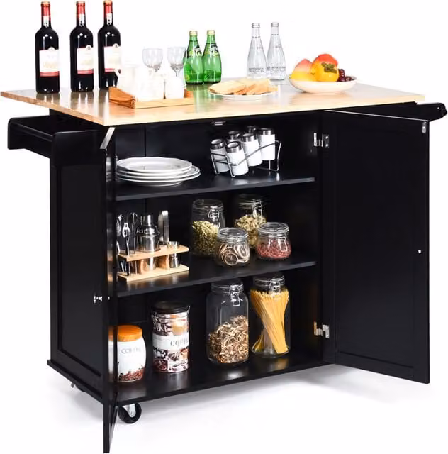 Carrello da cucina a ribalta, Isola da cucina con portaspezie portasciugamani cassetto battilardo armadio Nero-Carrelli