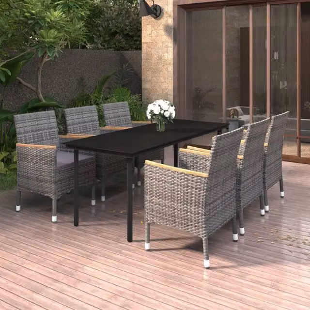 Set da Pranzo da Giardino vidaXL in Polyrattan e Vetro con Cuscini, 7 Pezzi, Grigio e Nero – 1