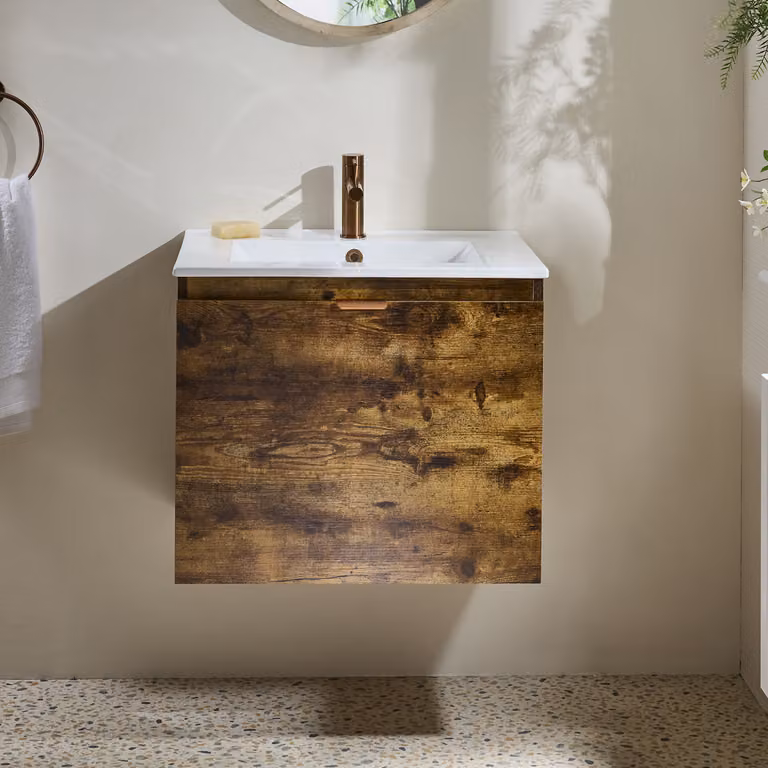Mobile Bagno Rovere Scuro Sospeso da 600mm con Lavabo e Maniglia con Impugnatura a Dito in Rame Satinato - Cluo