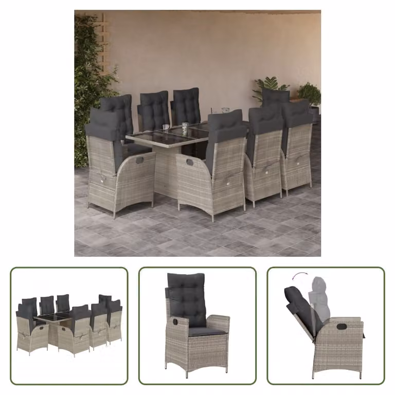 The Living Store Set da pranzo da giardino 9 pezzi con cuscini in poly rattan grigio chiaro