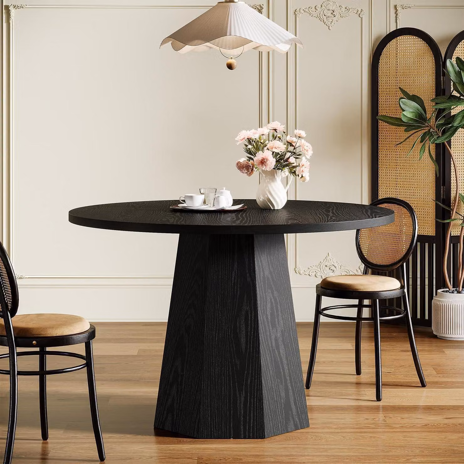 Tavolo rotondo da pranzo, diametro 118 cm, nero, per 4 persone, con base