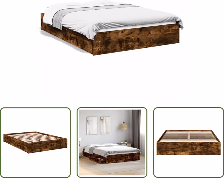 The Living Store Struttura per letto con cassetti in rovere fumé 120x200cm Materiale in legno