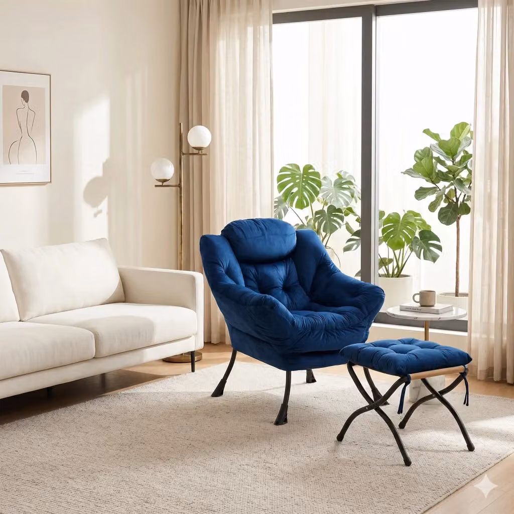 Poltrona relax MIVRAY blu con poggiapiedi pieghevole, braccioli imbottiti e tasca laterale in tessuto e struttura in metallo – 2