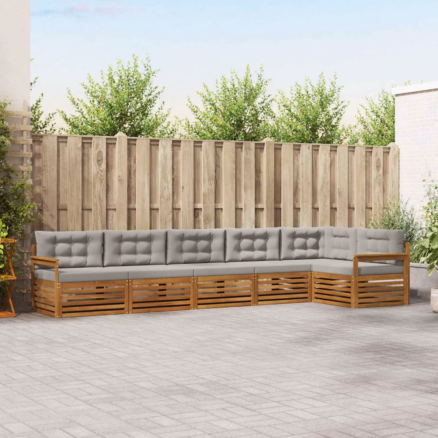 vidaXL Set di divani da esterno a L composto da 6 pezzi in legno di acacia con cuscini colore grigio