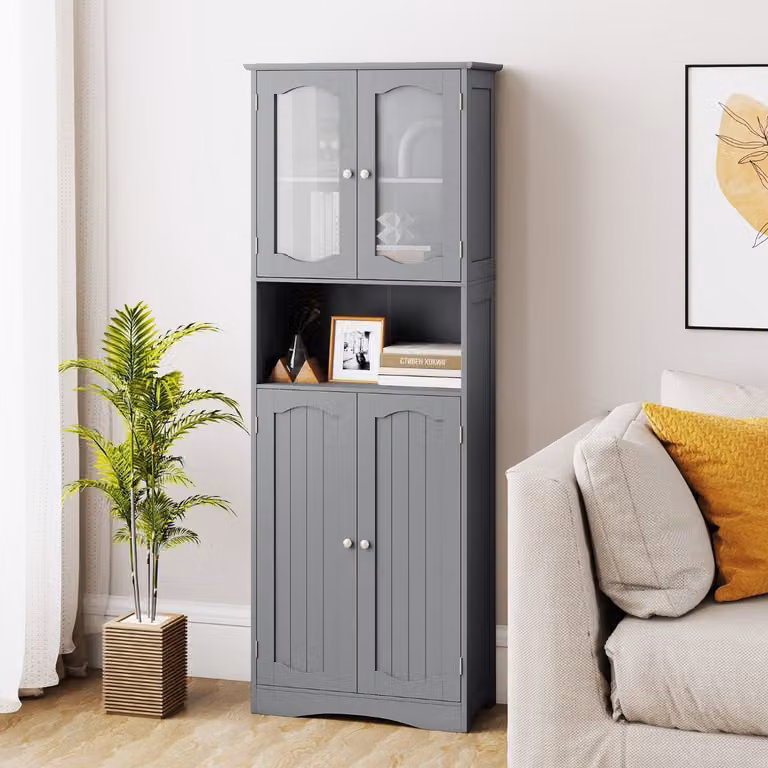 Armadio da bagno e soggiorno Costway Grigio con ante in vetro satinato e ripiani interni, Altezza: 164 cm