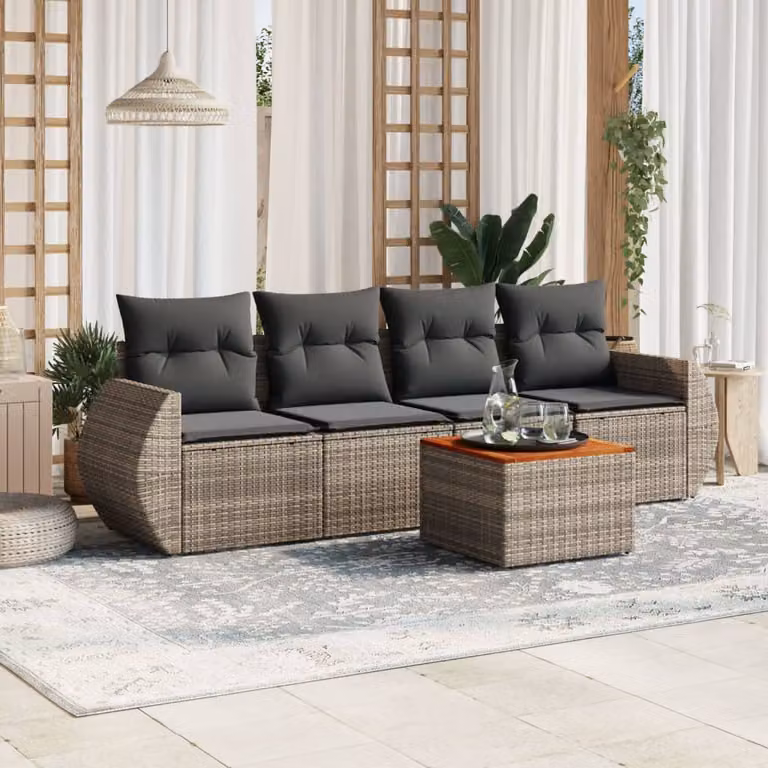 Set Divano da Giardino vidaXL 5 pz in Polyrattan Grigio con Cuscini e Tavolino