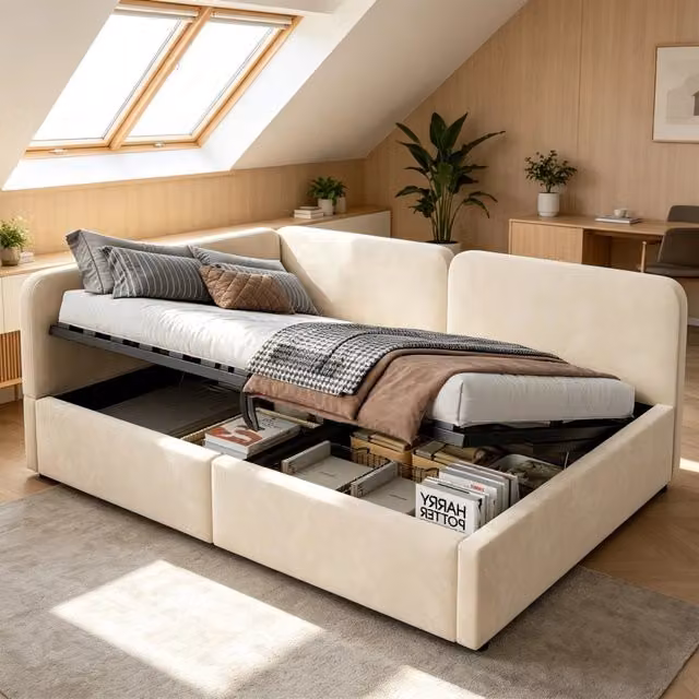 Letto divano contenitore 140x200 cm in velluto con apertura idraulica e schienale reversibile, beige